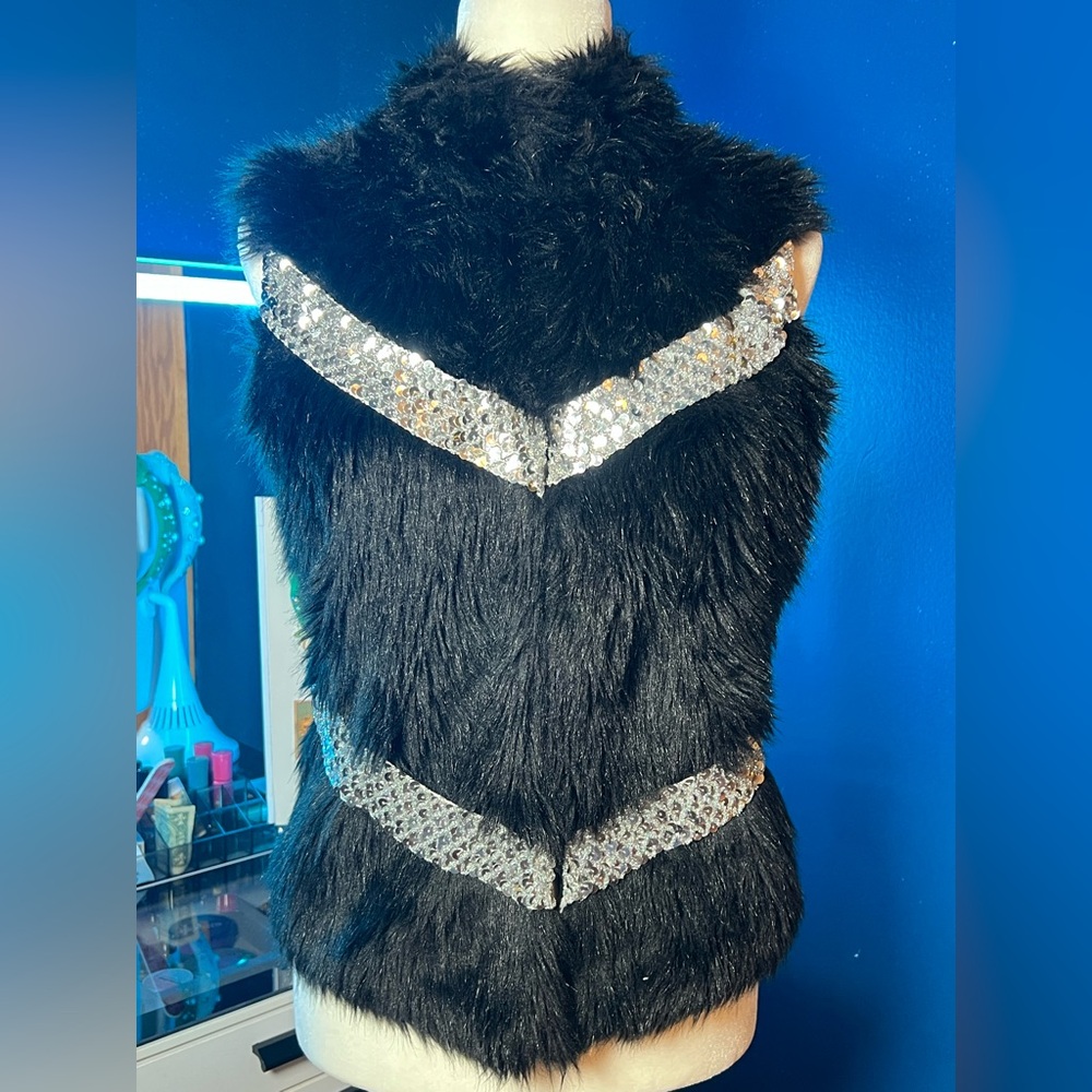 Black Faux Fur Sequin Chevron Statement Vest Y2K Glam